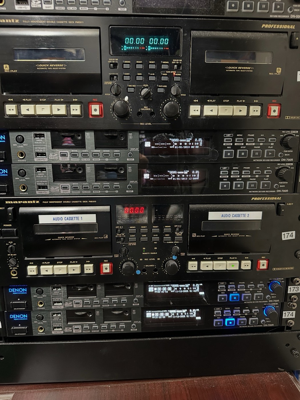 Rack of professional cassette decks