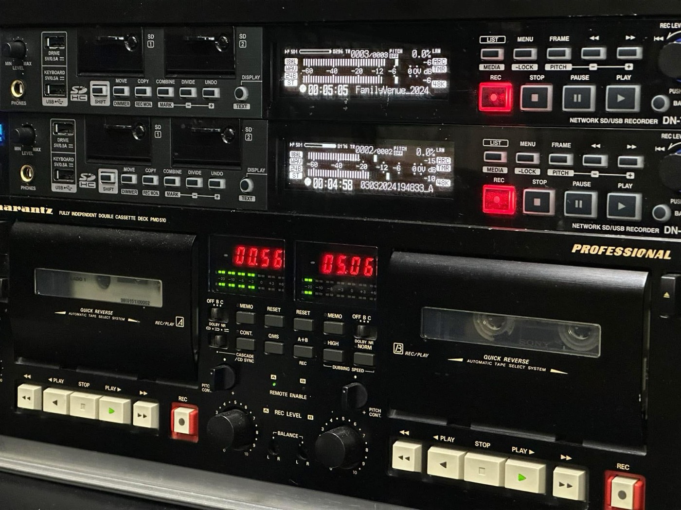 Marantz and Denon audio decks in a rack